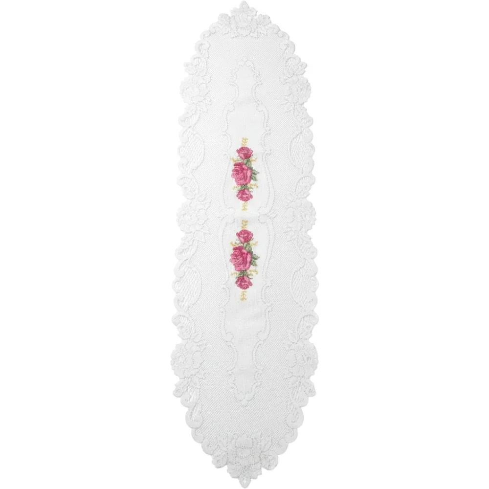 Vintage White Lace Table Runner Pink Rose Cross Stitch Floral Scalloped 46x16